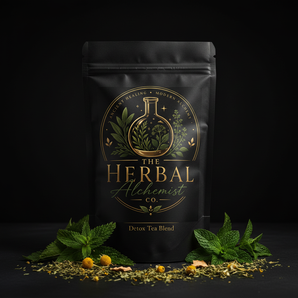 Full Body Reset Detox Tea Blend in a black resealable bag with The Herbal Alchemist Co. branding