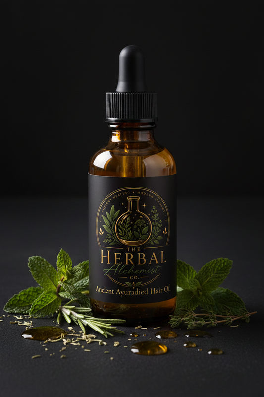 Ancient Ayurvedic Hair Oil in a 4oz amber dropper bottle with The Herbal Alchemist Co. branding