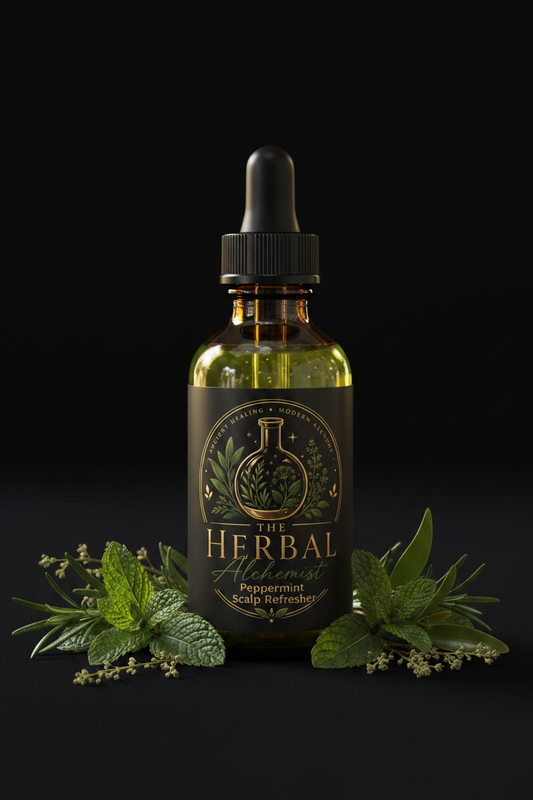 Peppermint Scalp Refresher in a 4oz amber dropper bottle with The Herbal Alchemist Co. branding