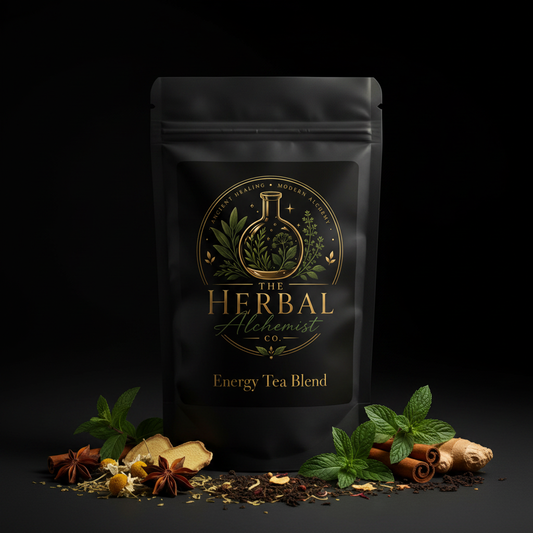 Radiant Energy Tea Blend in a black resealable bag with The Herbal Alchemist Co. branding