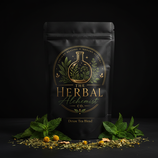 Full Body Reset Detox Tea Blend in a black resealable bag with The Herbal Alchemist Co. branding